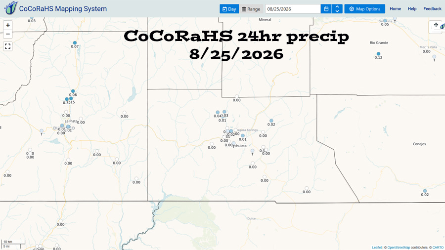 CoCoRaHS 24-hour rain reported Tuesday morning ranged from zero to 0.04”. Most of the county nothing or just a few drops.