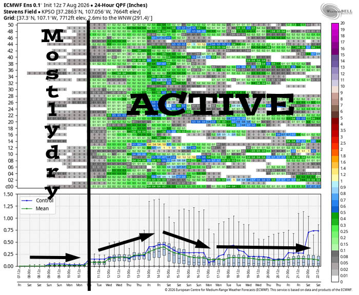 Near record warmth through the weekend – more active next week… 6 This is Euro ensemble 24-hour precip amounts for the Pagosa Springs area to 22 Aug. It’s read left to right, and times are in Zulu. The top chart shows 24-hour precip amounts for 50 versions of the Euro forecast model. The bottom chart graphs the control, mean, and range of the 50 versions. It’s mostly dry through the weekend. Storm activity starts increasing Monday, peaks around next Friday, and then decreases a little through the rest of the period.