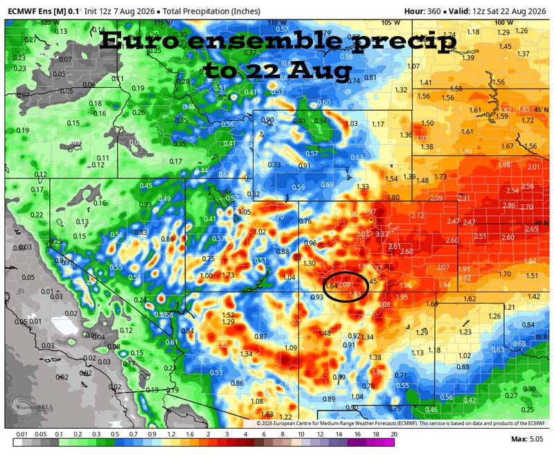 Near record warmth through the weekend – more active next week… 5 Euro ensemble precip to 22 Aug shows 2.09” in the Pagosa area. Forecast precip amounts have been pretty steady over the last two days. Much of Colorado should get a soaking over the next two weeks.