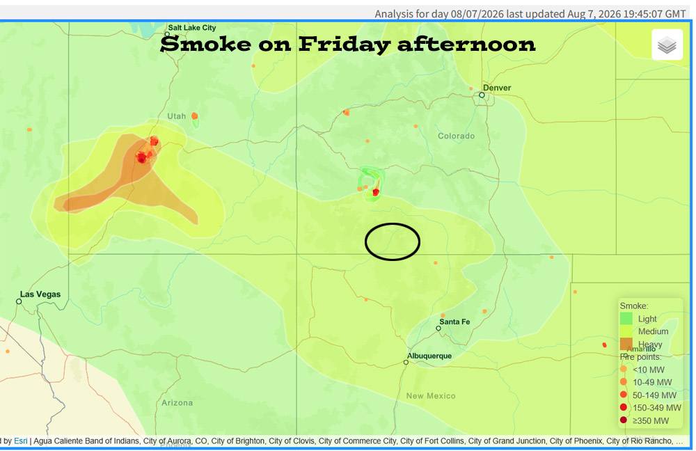Near record warmth through the weekend – more active next week… 3 The smoke map on Friday afternoon shows “moderate” over us. Air quality was in the “unhealthy” range last night but has been “moderate” most of today. The Elk Fire, north of Lake City CO, grew an additional 2,000 acres yesterday and put out a large plume of smoke that moved our way. Plus the Widemouth fire in western UT continues to put a lot of smoke that has moved over much of the Four Corners region.