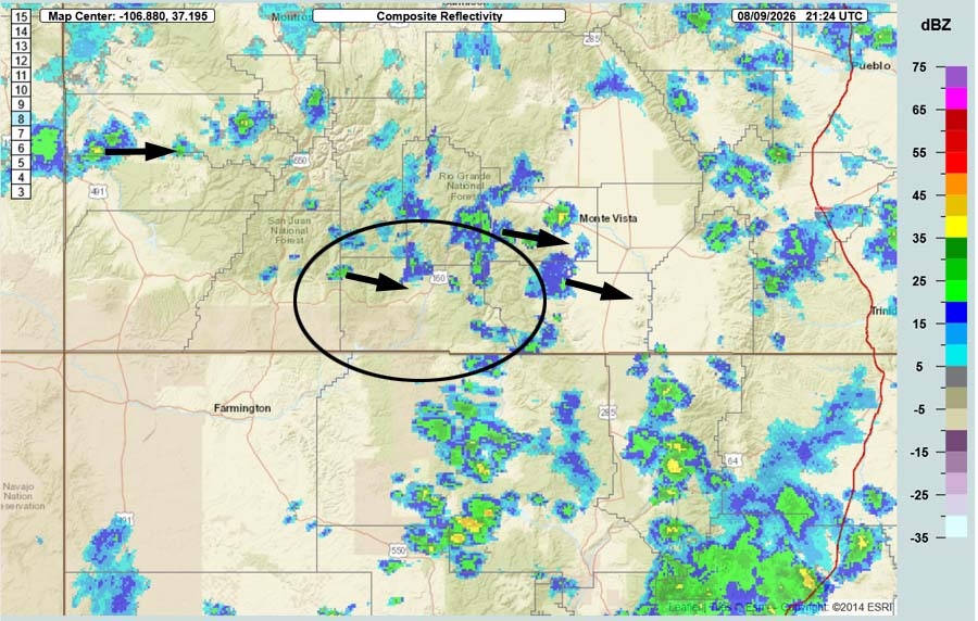 Radar at 3:24pm Sunday – There are a few spotty, weak showers in our area moving towards the east-southeast.