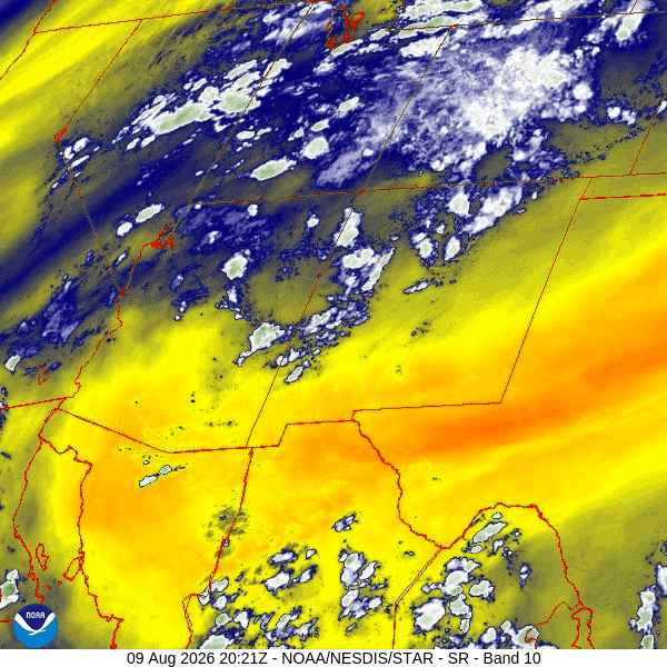 Water vapor satellite loop from 2:21pm to 3:16pm Sunday – The high is over northeast AZ and moving east. Moisture is circulating clockwise around the high. Flow over us is out of the west.