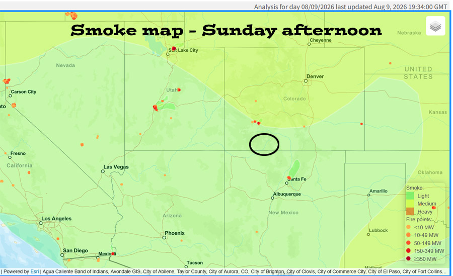 The smoke map on Sunday afternoon shows “light” smoke over us. Air quality has been “moderate” for the last 24 hours.