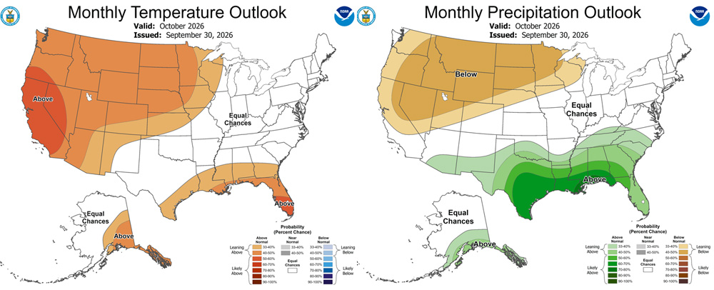 The CPC temp outlook for October on the left shows a 33-40% chance for above average temps.
The precip outlook on the right shows "equal chances" for average precip.