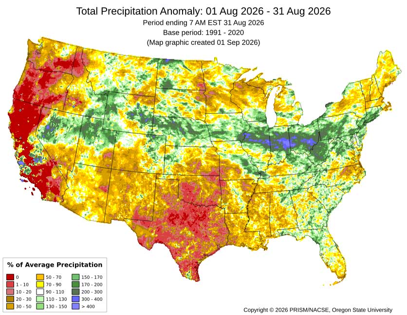 August mean precip anomalies – Most of the county got 20% to 50% of average.