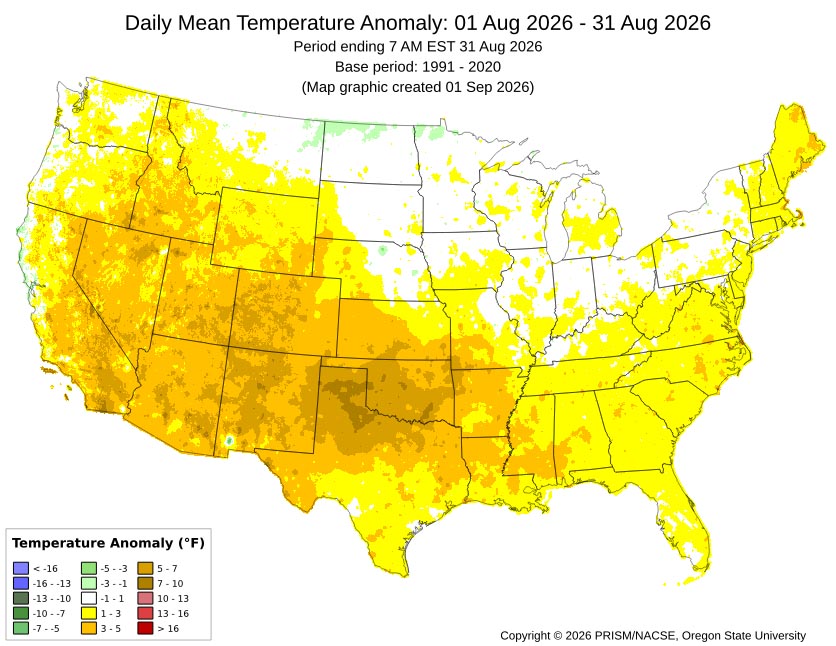 August mean temperature anomalies across much of Archuleta County were 5-7 degrees above average.