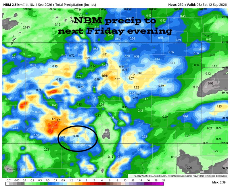 Dry and Breezy through Thursday – More active the rest of the week… 5 NBM precip to next Friday evening (11 Sep) shows 0.88” in the Pagosa area and up to 1.50” in our mountains. This is encouraging, but I’m leery because it hasn’t panned out all summer.