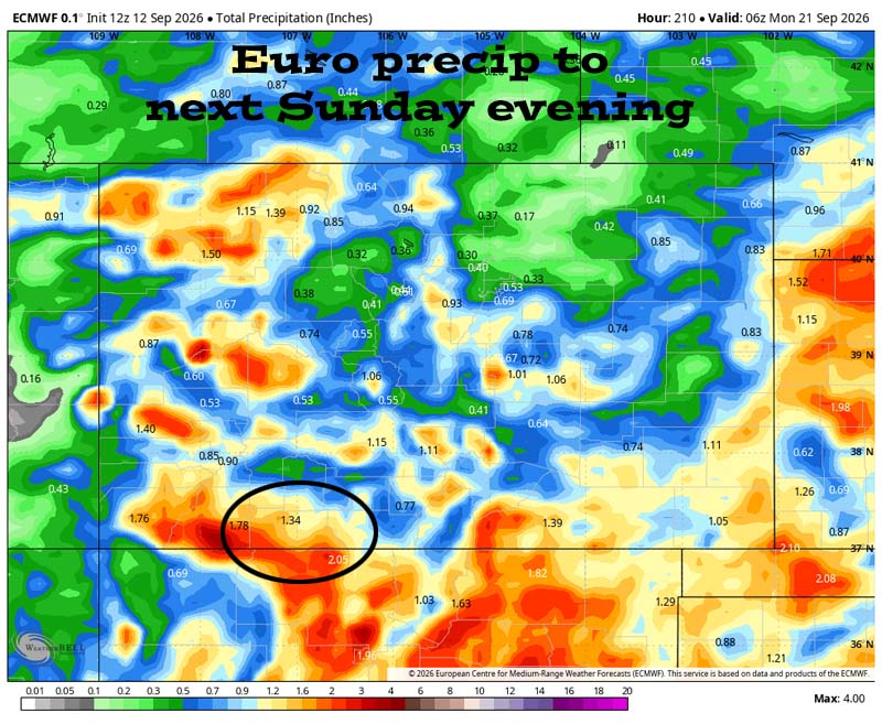 Euro precip next Sunday evening (20 Sep) shows 1.34” in the Pagosa area. Most of this is expected late Sunday through Thursday. There will be embedded convective spotty storms, so amounts will vary.