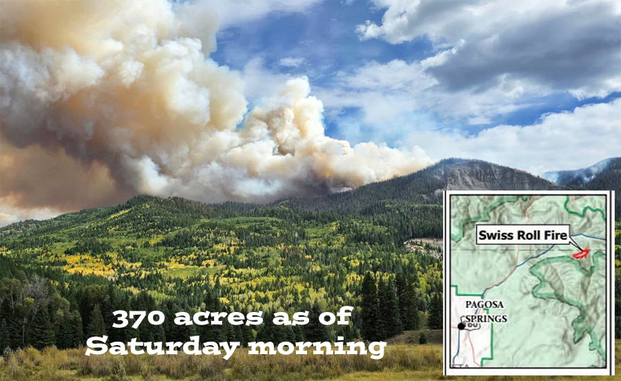 Swiss Roll Fire was first reported on 20 Aug about 14 miles northeast of Pagosa Springs. After hardly any growth for 3 weeks, yesterday the ingredients came together for the fire to grow to 370 acres. The fire is in a rugged area and not threatening personal property. A wet weather pattern Sunday night through Thursday should prevent much additional growth.