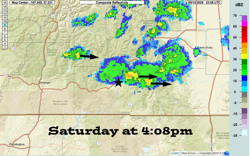 Radar at 4:08pm Saturday – A line of scattered storms have moved west to east across northern Archuleta County. A few lucky folks got around 0.05” of rain. The Swiss Roll Fire might have gotten a few raindrops, but I think the heavier rain was just south of the fire.