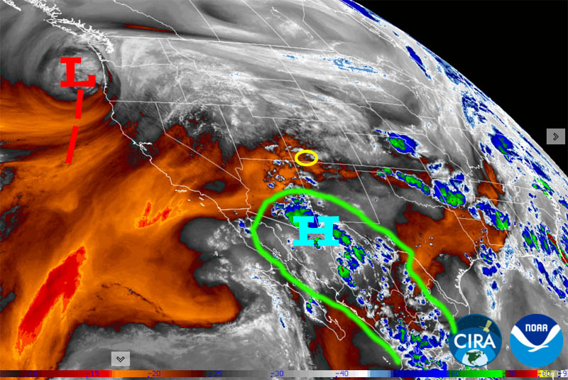 Water vapor satellite Saturday afternoon – Archuleta County is outlined in yellow. Moisture is outlined in green. The high will shift towards the southern plains by late Sunday. This will put us under upper-level southwest flow which will draw that monsoon moisture plume into the Four Corners area.