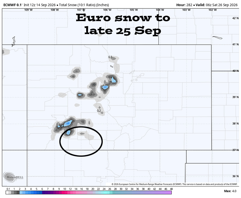 Euro snow to late 25 Sep shows mountains mostly above 13,000ft getting 2-4”. This is expected 19-25 Sep.