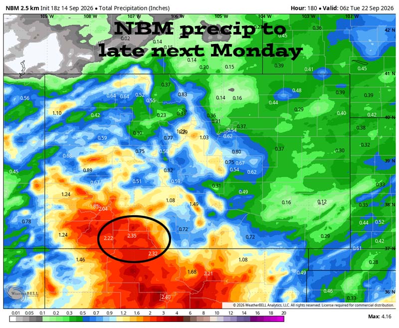 NBM precip next Monday evening (21 Sep) shows 2.35” in the Pagosa area. Most of this is expected Tuesday night through Thursday night. There will be embedded convective spotty storms, so amounts will vary.