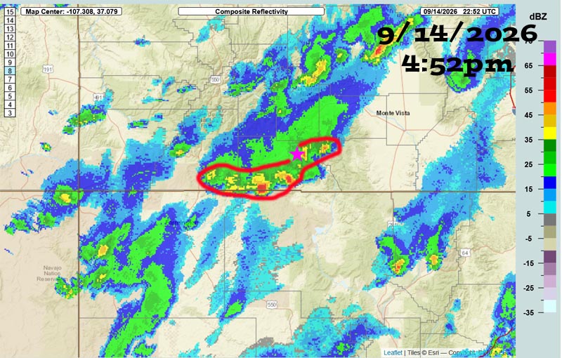 Radar at 4:52pm Monday – Strong storms with hail to a half inch, very heavy rain, gusty winds, and lots of lightning are moving west to east across the county. As I type, most of the activity is south of Highway 160. The Swiss Roll Fire area had a burst of heavy rain Monday afternoon. There was a funnel cloud reported out of a cell south of Bayfield around 3pm.