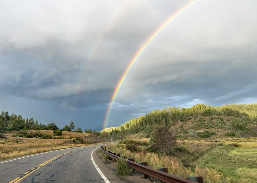 We were treated to some beautiful rainbows along Highway 84 Sunday evening.   – pic taken 9/13/2026 by Arleen
