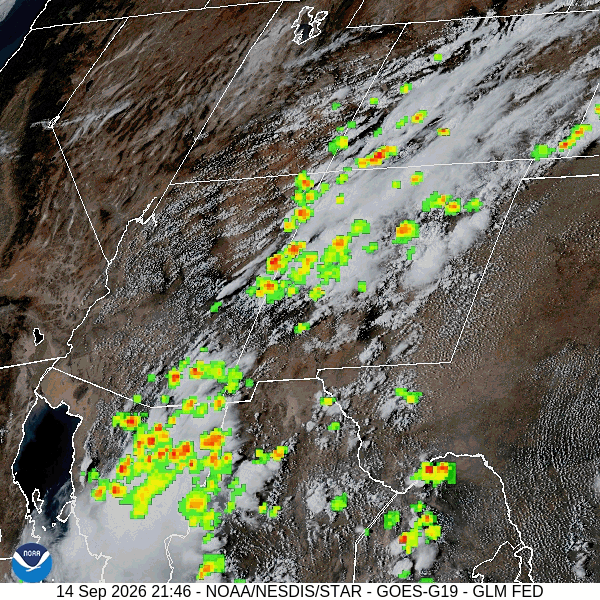 Satellite and lightning loop 4-5pm Monday – Lots of subtropical, monsoon moisture is moving into our area from the south. It has been very active Monday afternoon. Note how active it is across southern AZ and northern MX. That’s headed our way Wednesday and Thursday.