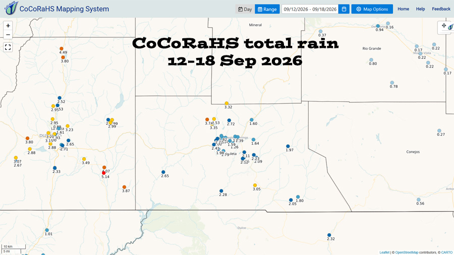 Mostly dry through Monday and then potentially wet the rest of next week… 3 CoCoRaHS total precip for this storm cycle range from 1.25” to 3.74”. Average precip for September is 2.00”. Note that overall, La Plata County got more. Bands of heavier showers stalled to our west on Thursday.