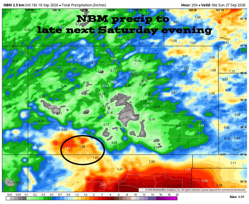 Mostly dry through Monday and then potentially wet the rest of next week… 7 NBM precip to late next Saturday evening (26 Sep) shows 1.48” in the Pagosa area. Forecast models for this period vary from 0.44” to 3.37”. That’s a whole bunch of uncertainty.