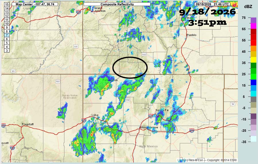 Mostly dry through Monday and then potentially wet the rest of next week… 5 Radar at 3:51pm Friday – It’s been quiet over Archuleta County. Scattered showers over northern NM are weakening as they move towards the northeast.