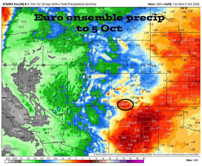 Dry through Tuesday morning – wet Tuesday afternoon into Friday evening… 5 Euro ensemble total precip to 5 Oct shows 2.45” in the Pagosa area. I think this is on the high end. I’d be surprised if we get this much.