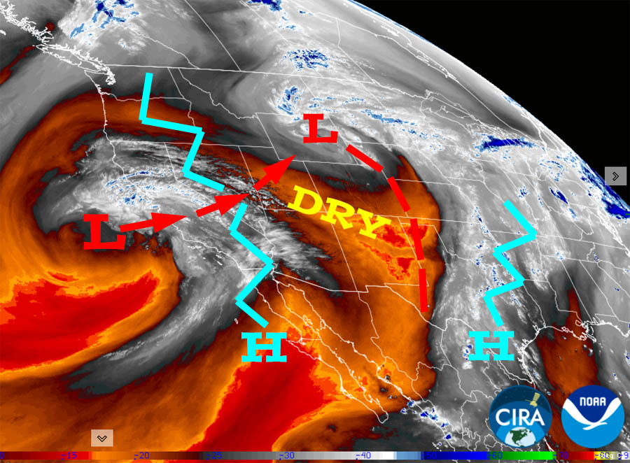 Dry through Tuesday morning – wet Tuesday afternoon into Friday evening… 3 Water vapor satellite early Sunday afternoon – The trough, red dashed line, moved to our east yesterday. Drier air has moved into the Four Corners area behind the trough. The low currently off the CA coast will move over the Vegas area Tuesday and then the Salt Lake area Tuesday night. Southerly flow ahead of the low will draw another round of moisture and rain into our area Tuesday afternoon into Wednesday afternoon.