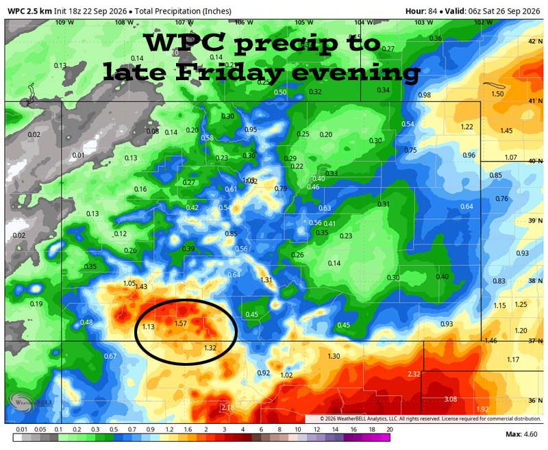 FLOOD WATCH Wednesday and Thursday… 3 WPC precip to late Friday evening (25 Sep) shows 1.57” in the Pagosa area. Forecast models have trended up recently.