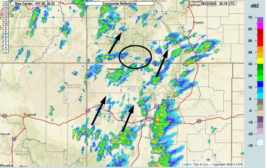 FLOOD WATCH Wednesday and Thursday… 2 Radar at 2:16pm Tuesday – So far it has been most active over southeast Archuleta County but scattered storms are increasing and moving towards the northeast.