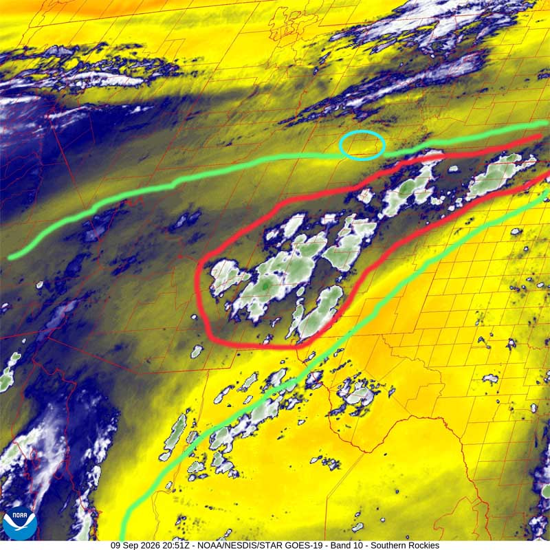 More active next week… 1 Water vapor satellite Wednesday afternoon – Archuleta County is outlined in purple. Moisture is outlined in green, and instability is outlined in red. Moisture and instability have been pushed to our south.