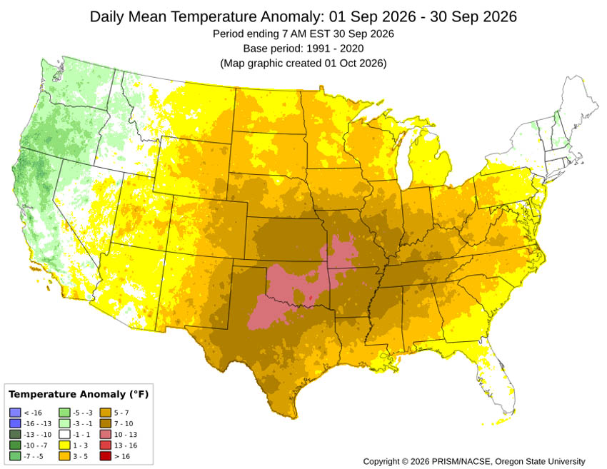 September mean temperature anomalies across much of Archuleta County were 1-3 degrees above average