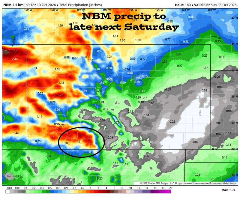 Potential for heavy rain Sunday afternoon into Monday morning – spotty showers into Wednesday… 3 Euro precip to late Wednesday evening shows 1.41” in the Pagosa area and up to 3.50” in our mountains. Most of this is expected Sunday afternoon through Sunday night. Precip amounts have trended down.