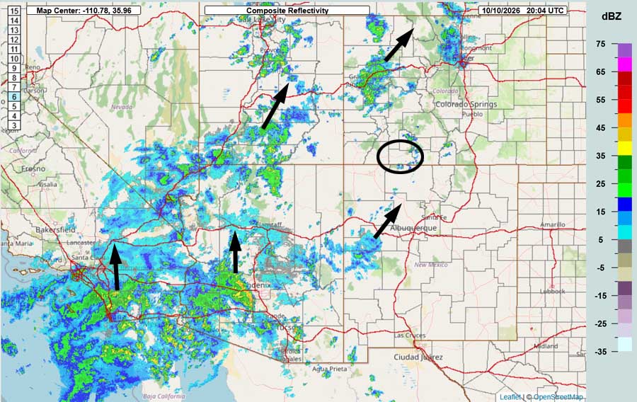 Potential for heavy rain Sunday afternoon into Monday morning – spotty showers into Wednesday… 2 Radar at 2:04pm Saturday – There have been a few spotty showers move through Archuleta County. Showers from the remnants of Rachel are increasing across the desert southwest.