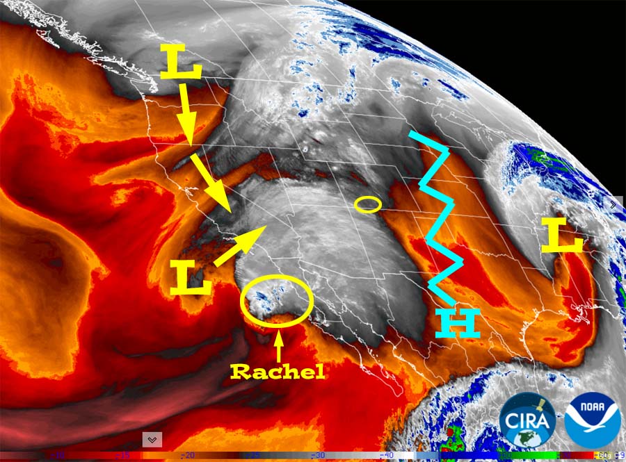 Potential for heavy rain Sunday afternoon into Monday morning – spotty showers into Wednesday… 1 Water vapor satellite Saturday around noon – The ridge has moved to our east. Moisture from Rachel is being drawn north by the low off the coast. The low will move over southern UT late Tuesday into Wednesday.