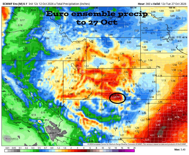 Snow amounts trending up… 7 Euro ensemble total precip to 27 Oct shows 3.74” in the Pagosa area. The Euro expects the most precip. The GFS expects an inch less.