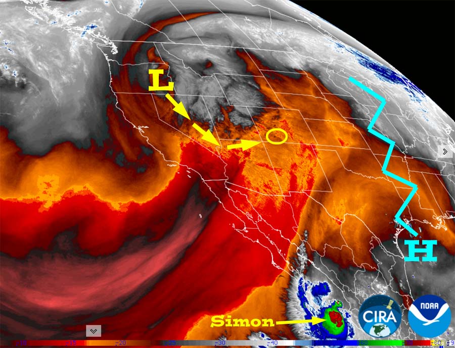 Snow amounts trending up… 3 Water vapor satellite Monday afternoon – It has dried out over our area, but upslope flow has helped develop a few spotty showers today. The low currently over eastern OR will move through our area Wednesday afternoon.