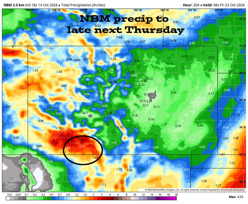 Lots of sun and mostly dry through Monday – next storm late Tuesday through next Friday… 4 NBM precip to late next Thursday evening shows 2.10” in the Pagosa area and up to 4” in our mountains. Most models show 1” to 1.5”.