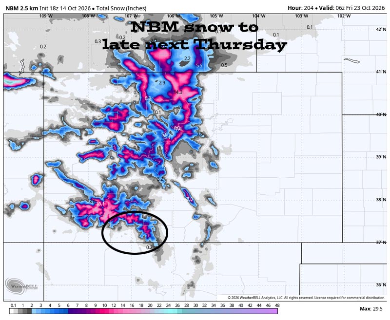 Lots of sun and mostly dry through Monday – next storm late Tuesday through next Friday… 5 NBM snow to late next Thursday evening shows a dusting near Pagosa, 3-6” near Wolf Creek and up to 16” on our high peaks.