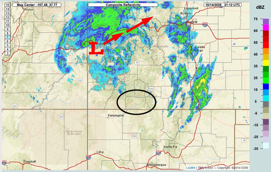 Lots of sun and mostly dry through Monday – next storm late Tuesday through next Friday… 2 Radar at 3:12pm Wednesday – The low nearing Grand Junction and will continue moving towards the northeast. Bands of showers are rotating counter-clockwise around the low.