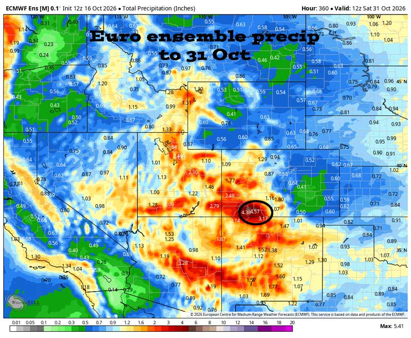 Another soaker next week… 7 Euro ensemble total precip to 31 Oct shows 4.57” in the Pagosa area.