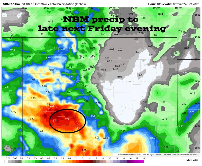 Another soaker next week… 5 NBM precip to late next Friday evening shows 2.77” in the Pagosa area and up to 4” in our mountains. Other models… Euro: 4.40”, GFS: 1.24”, Canadian: 5.40”, Euro AI: 2.79”, GFS AI: 3.68”, Euro ensemble: 3.09”, GFS ensemble: 1.70”, Canadian ensemble: 2.69”, Euro AI ensemble: 2.35”, GFS AI ensemble: 1.74”. That’s a big variance but most of the models expect over 2” in the Pagosa area.