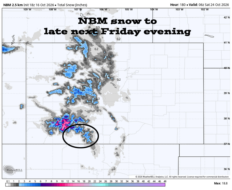 Another soaker next week… 6 NBM snow to late next Friday evening shows none near Pagosa, 1-3” near Wolf Creek Pass and up to 18” on the high peaks of the San Juans.