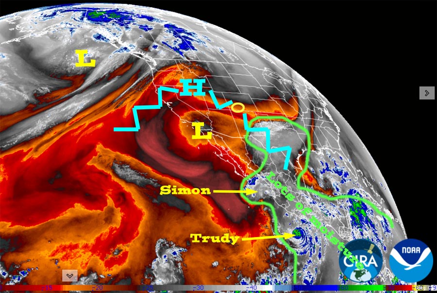 Another soaker next week… 3 Water vapor satellite Friday afternoon – Archuleta County is circled in yellow. The high north of the low to our west is called a Rex block. That will break down on Sunday and then the weak low over southern CA will move over us on Monday. By Tuesday morning a deep low-pressure system will be spinning off the central CA coast. This will draw tropical moisture from Simon and Trudy, outlined in green, into the Four Corners area. The low off the coast is expected to move through AZ late Thursday and then over us Friday afternoon.