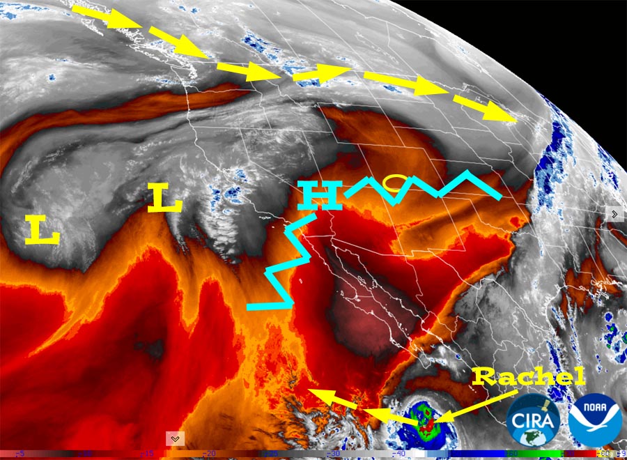 Lots for sun and pleasant temps for a while… 2 Water vapor satellite Friday around noon – The high over southern NV will be the main influence on our weather for a while. It’s dry and stable across the Four Corners region. The jet stream, big yellow arrows, is well to our north and looks like it will stay there for a while. Hurricane Rachel won’t impact us.