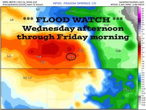 Pagosa Springs Weather Home 5 The NWS rain forecast expects 2.7" of rain for Pagosa Springs (circled in black). Note that the precip bullseyes are over the Upper Four Mile, Piedra, and Vallecito drainages.