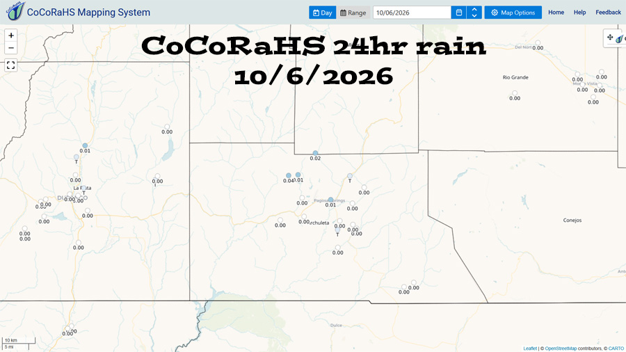 Potential soaker from remnants of Rachel Sunday into next Wednesday… 2 CoCoRaHS 24-hour rain reported Tuesday morning ranged from zero to 0.04”.