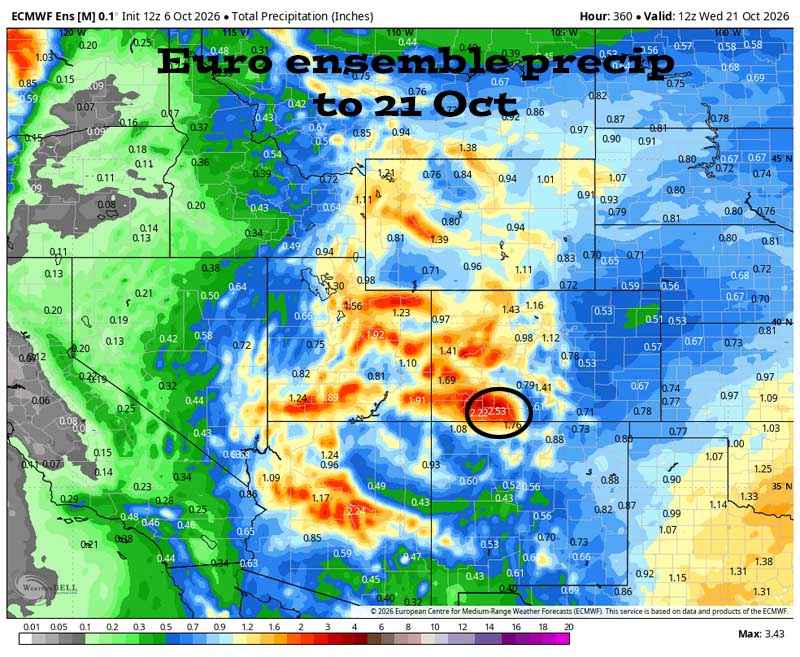 Potential soaker from remnants of Rachel Sunday into next Wednesday… 7 Euro ensemble total precip to 21 Oct shows 2.53” in the Pagosa area. The forecast models are aligning better, except for the GFS, which expects much less precip.