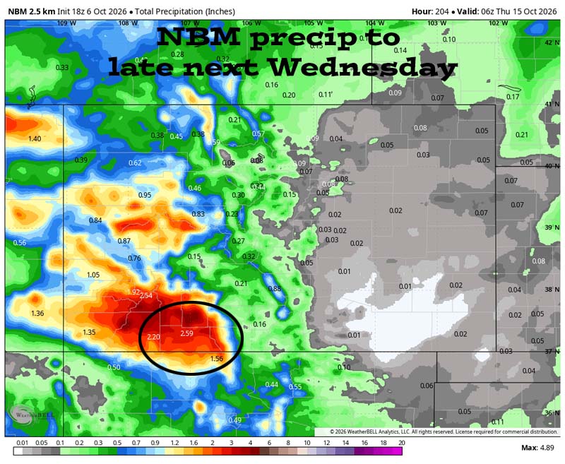 Potential soaker from remnants of Rachel Sunday into next Wednesday… 5 NBM precip to late next Wednesday evening shows 2.59” in the Pagosa area and up to 4.50” in our mountains.