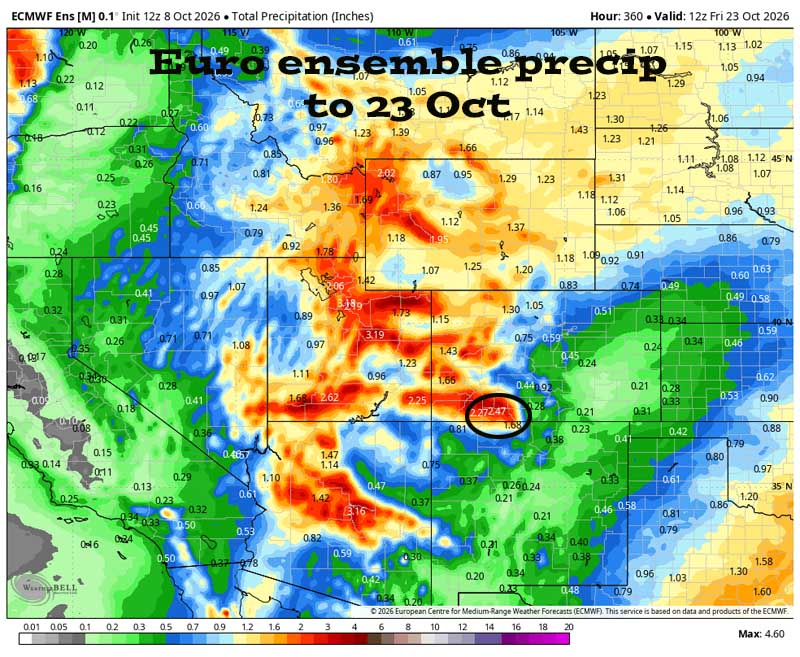 Euro ensemble total precip to 23 Oct shows 2.47” in the Pagosa area. The forecast models are aligning better.