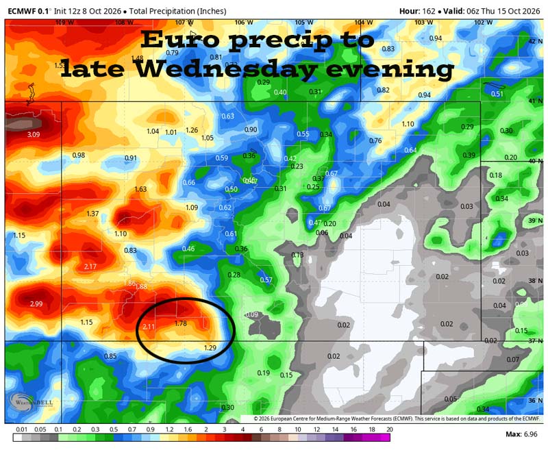 Euro precip to late Wednesday evening shows 1.78” in the Pagosa area and up to 3.50” in our mountains. Precip amounts have trended down.