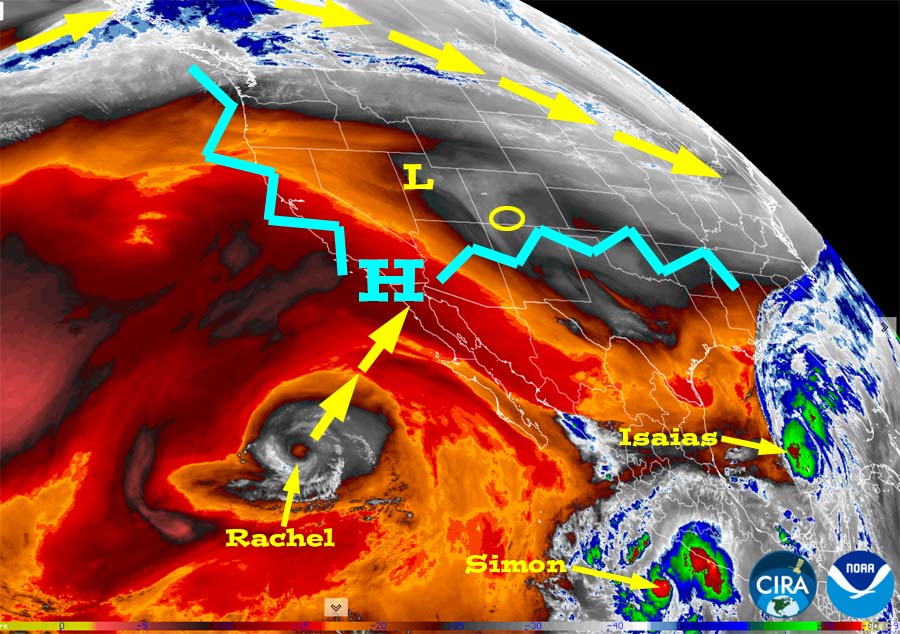 Water vapor satellite Thursday around noon – The little low over UT has kept it unstable across the Four Corners area and has kicked up scattered storms the last couple of afternoons. Remnants of Rachel will get entrained into low-pressure system that will impact us Saturday night into Wednesday.